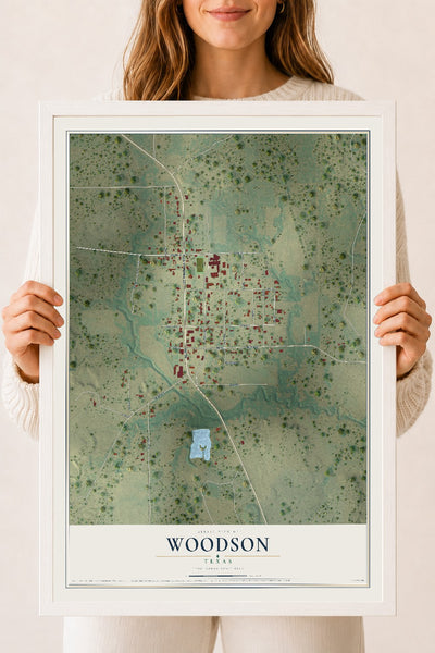 Map of Woodson, Texas, 18 x 24 inch print in a white wood frame