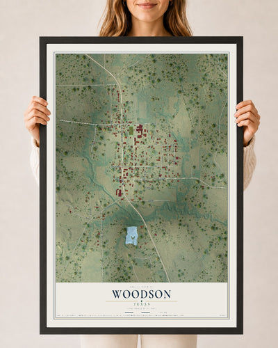 Map of Woodson, Texas, 24 x 36 inch print in a black wood frame