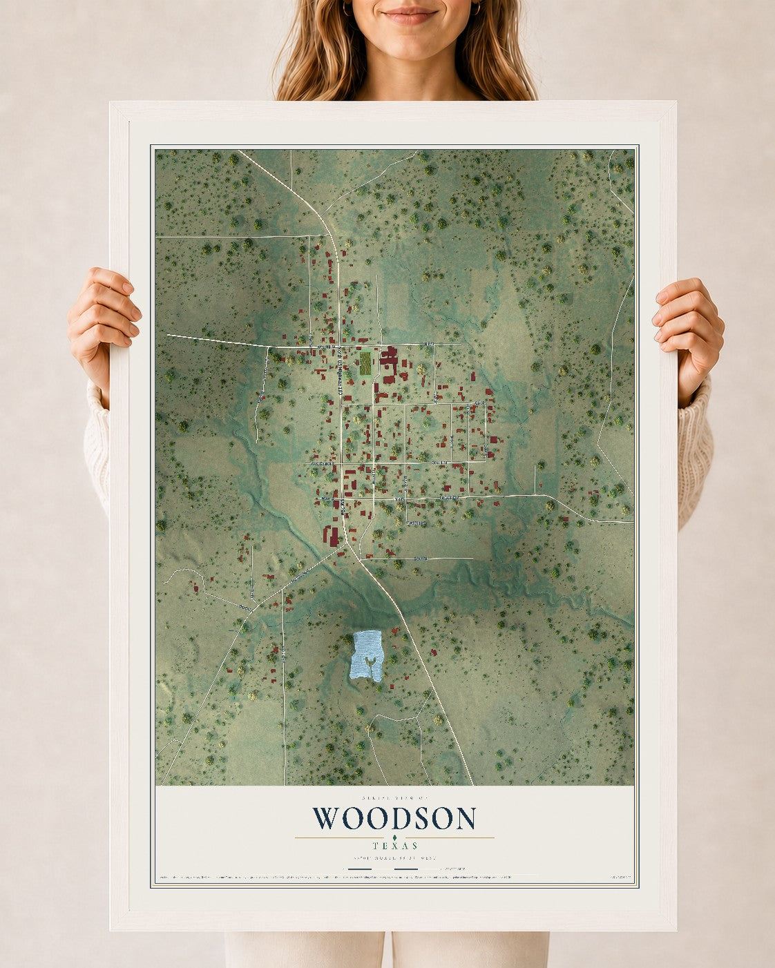 Map of Woodson, Texas, 24 x 36 inch print in a white wood frame