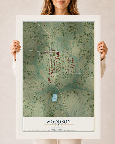 Map of Woodson, Texas, 24 x 36 inch print in a white wood frame