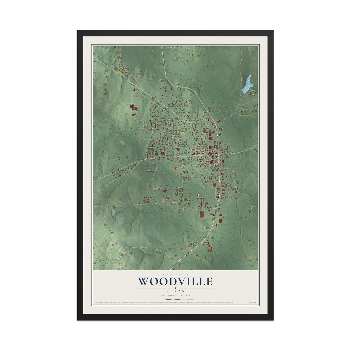 Map of Woodville, Texas, 12 x 18 inch print in a black wood frame