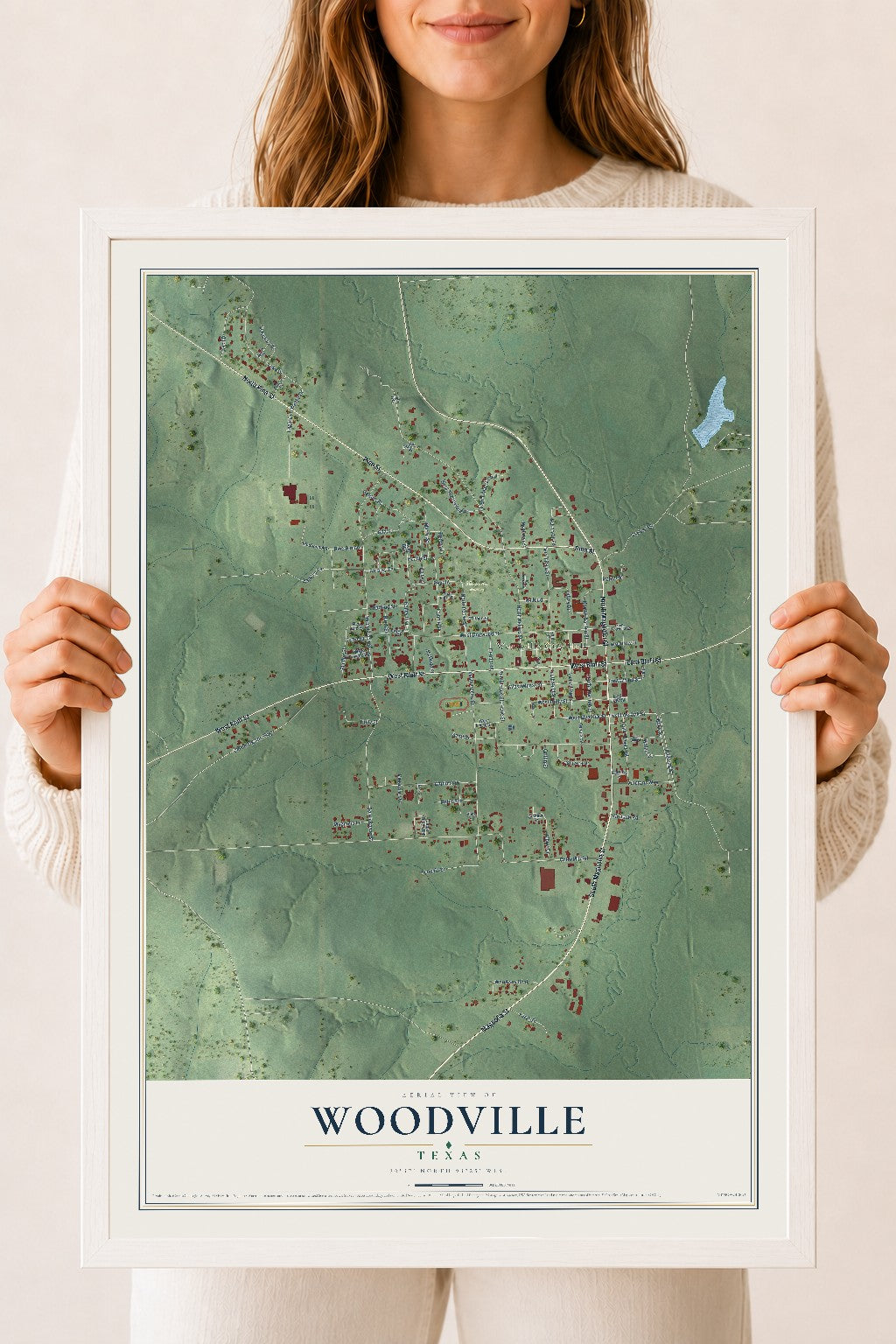 Map of Woodville, Texas, 18 x 24 inch print in a white wood frame