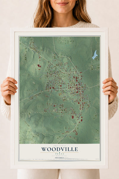 Map of Woodville, Texas, 18 x 24 inch print in a white wood frame
