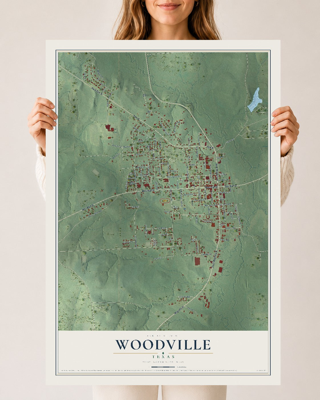 Map of Woodville, Texas, 24 x 36 inch unframed archival matte print