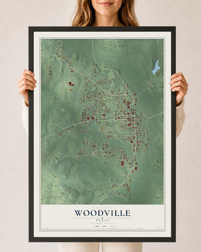 Map of Woodville, Texas, 24 x 36 inch print in a black wood frame
