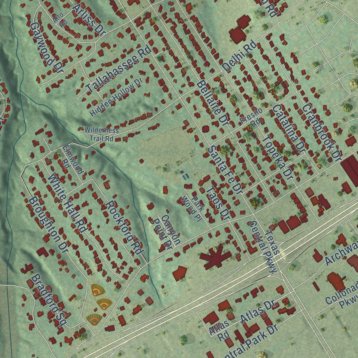 Second close-up of the map of Woodway, Texas print showing more streets and buildings