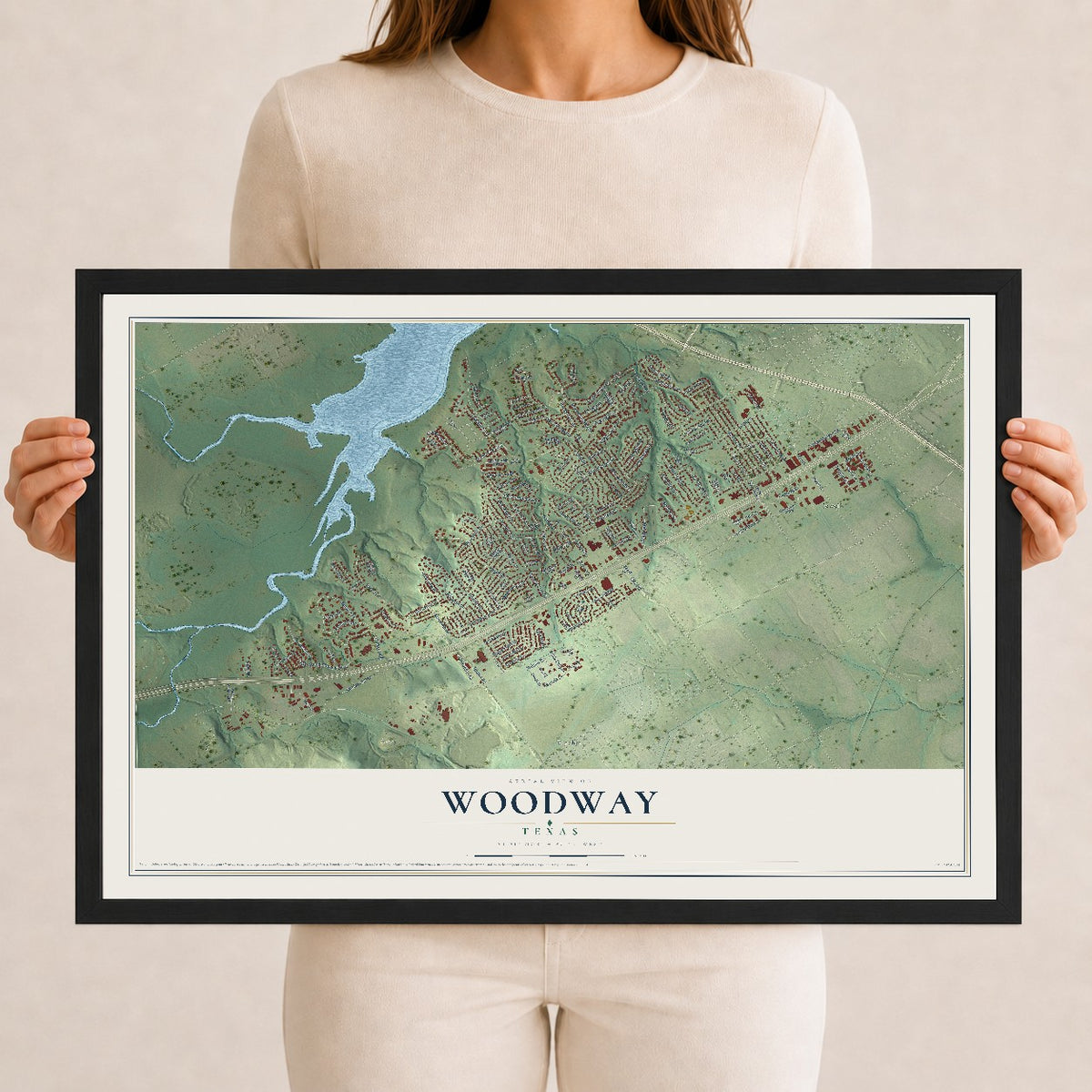 Map of Woodway, Texas, 12 x 18 inch print in a black wood frame