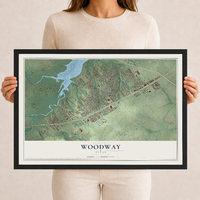 Map of Woodway, Texas, 12 x 18 inch print in a black wood frame