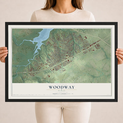 Map of Woodway, Texas, 18 x 24 inch print in a black wood frame