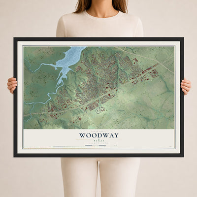 Map of Woodway, Texas, 24 x 36 inch print in a black wood frame