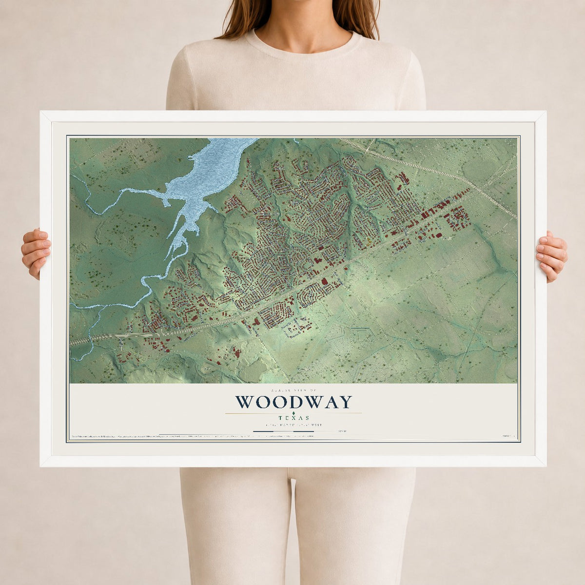 Map of Woodway, Texas, 24 x 36 inch print in a white wood frame