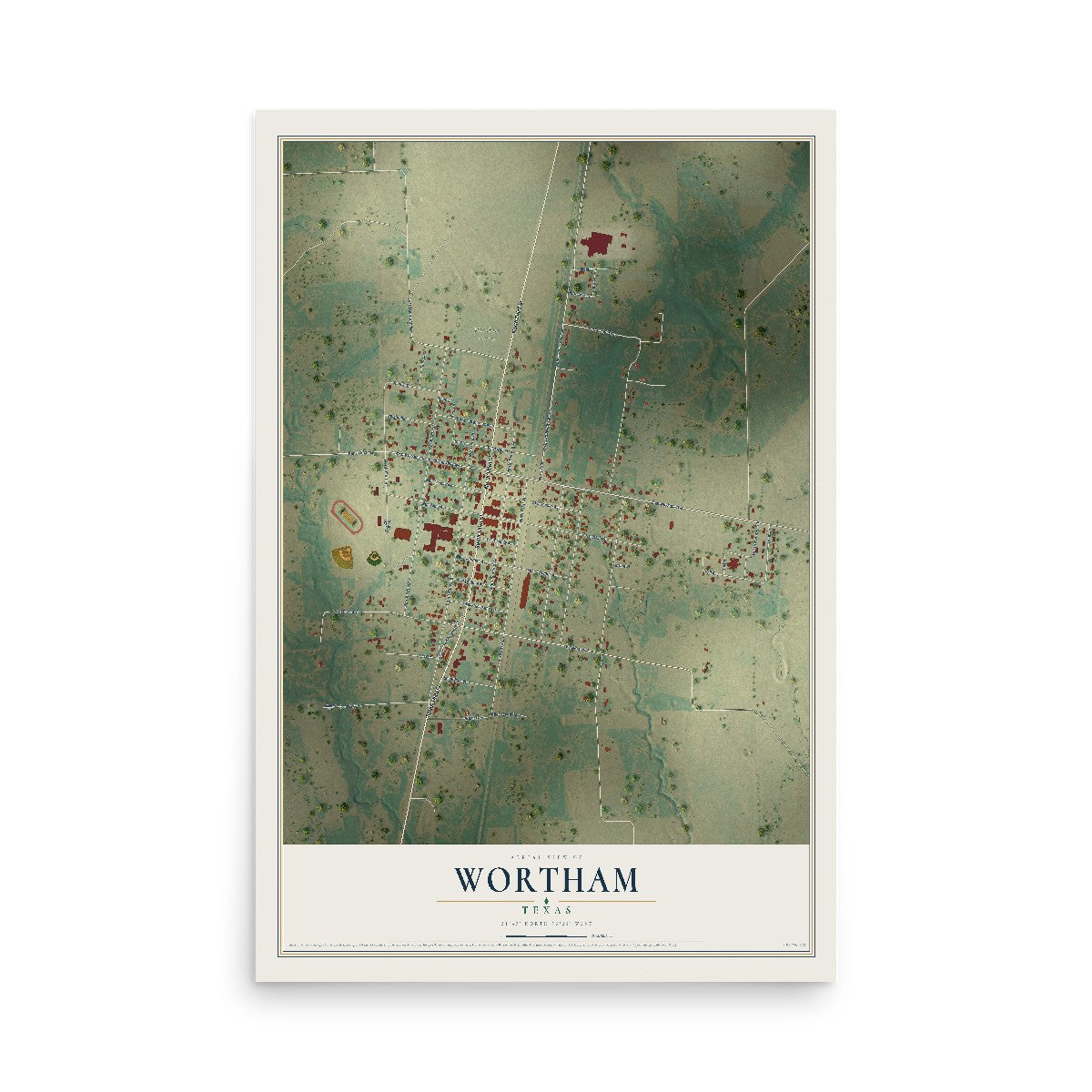 Map of Wortham, Texas, 12 x 18 inch unframed archival matte print