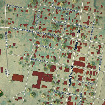 Close-up of the map of Wortham, Texas print showing street and building detail