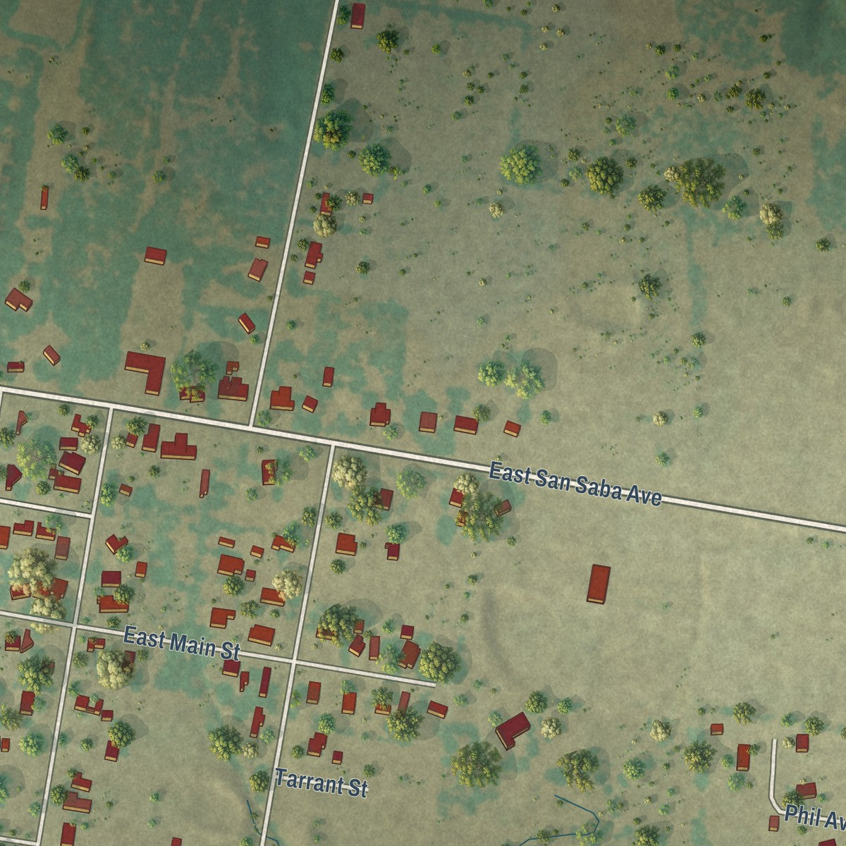 Second close-up of the map of Wortham, Texas print showing more streets and buildings