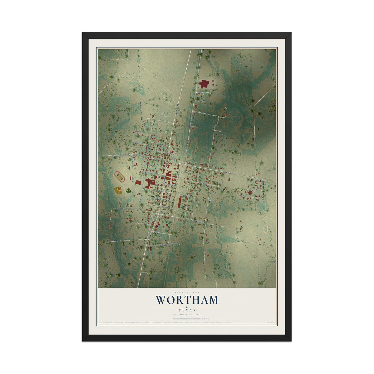 Map of Wortham, Texas, 12 x 18 inch print in a black wood frame