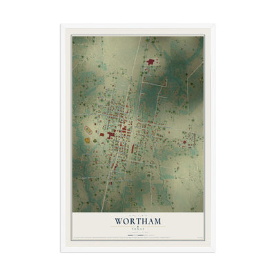 Map of Wortham, Texas, 12 x 18 inch print in a white wood frame