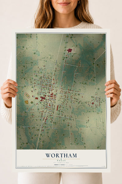 Map of Wortham, Texas, 18 x 24 inch unframed archival matte print