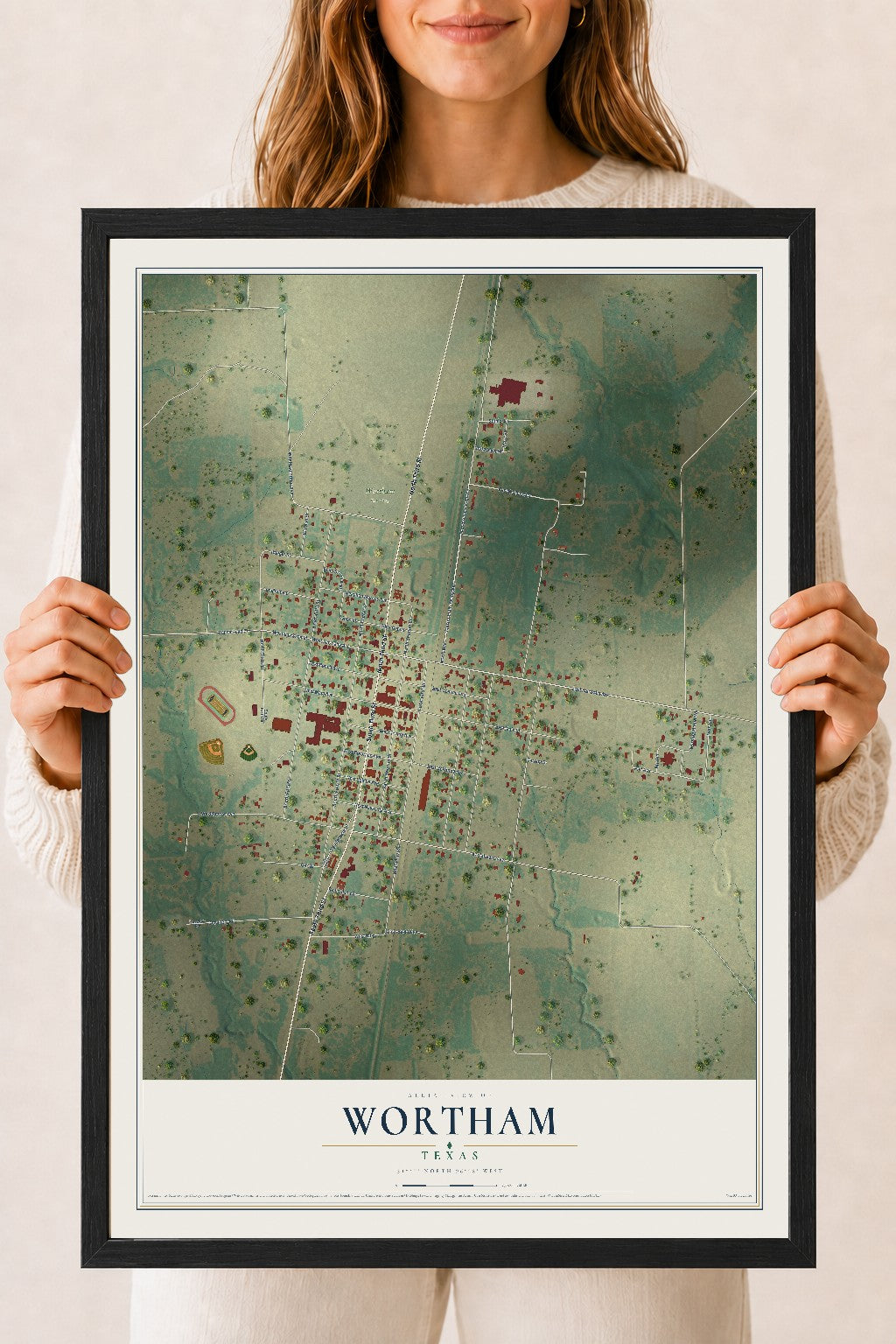 Map of Wortham, Texas, 18 x 24 inch print in a black wood frame