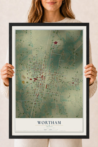 Map of Wortham, Texas, 18 x 24 inch print in a black wood frame