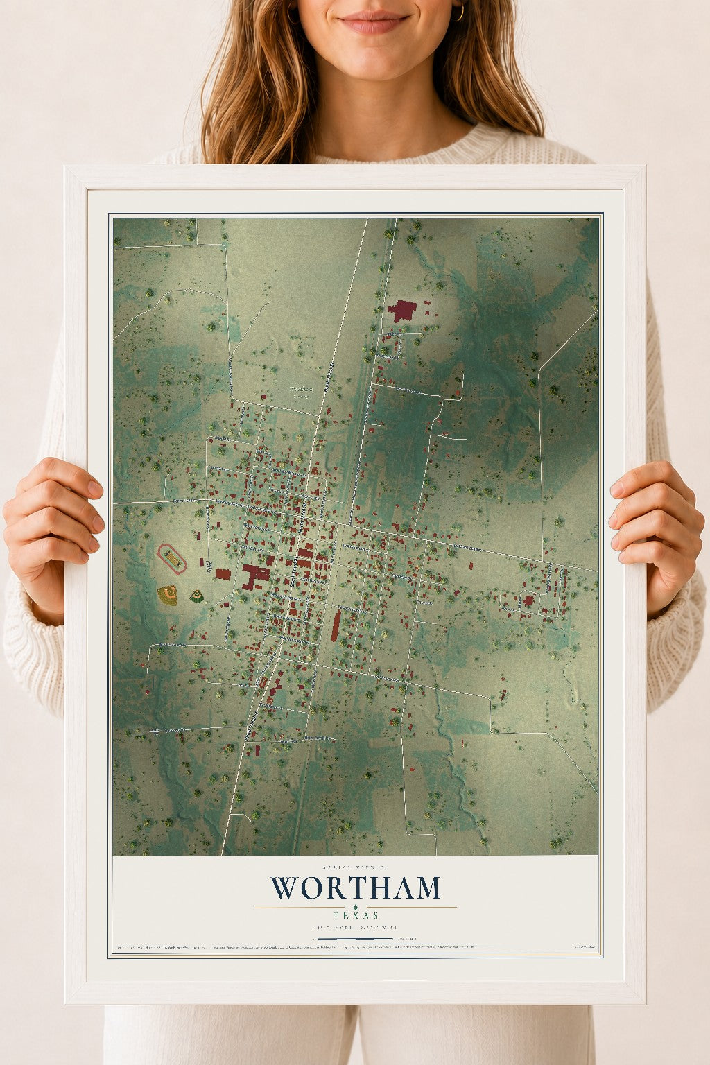 Map of Wortham, Texas, 18 x 24 inch print in a white wood frame