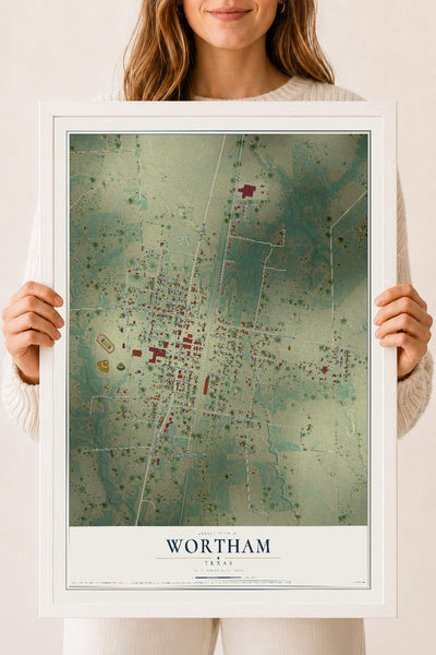 Map of Wortham, Texas, 18 x 24 inch print in a white wood frame