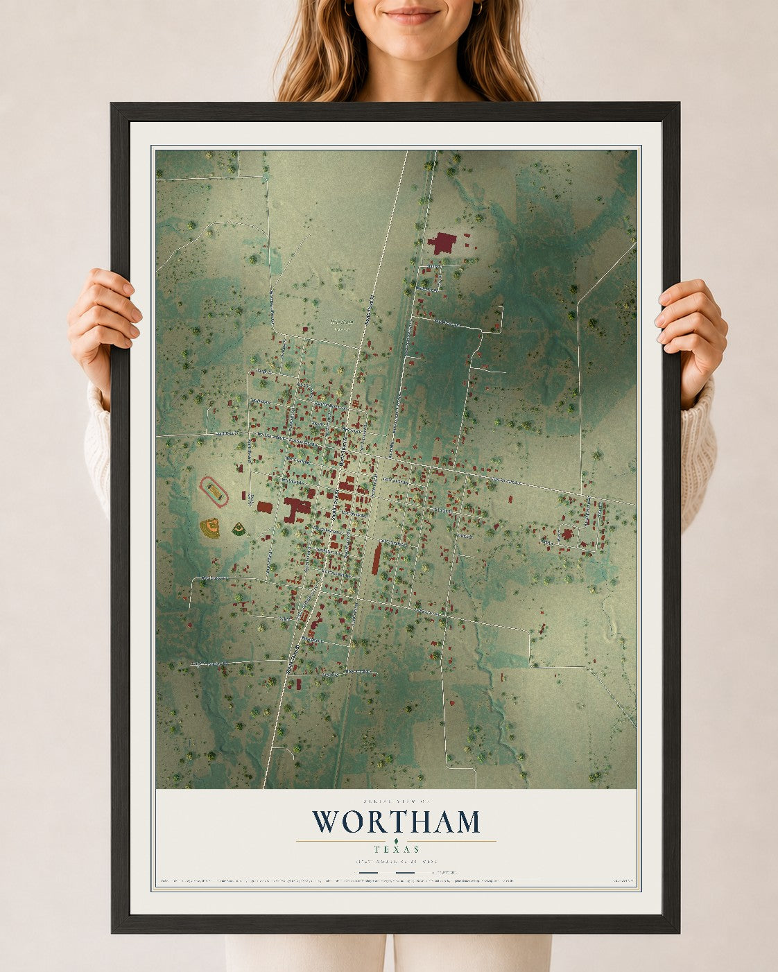 Map of Wortham, Texas, 24 x 36 inch print in a black wood frame