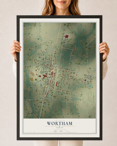 Map of Wortham, Texas, 24 x 36 inch print in a black wood frame