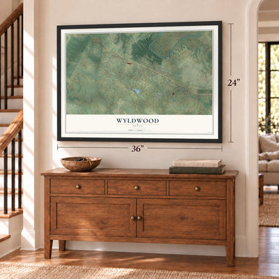 Wyldwood, Texas map, 24 x 36 inch print in a black frame above a dresser by a staircase