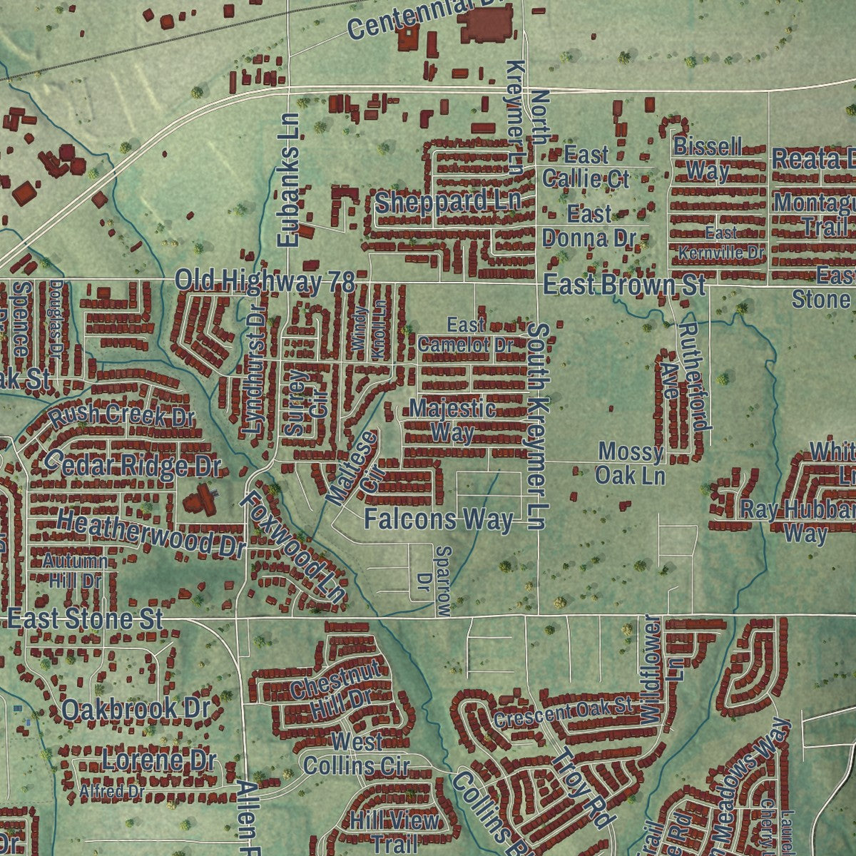 Second close-up of the map of Wylie, Texas print showing more streets and buildings