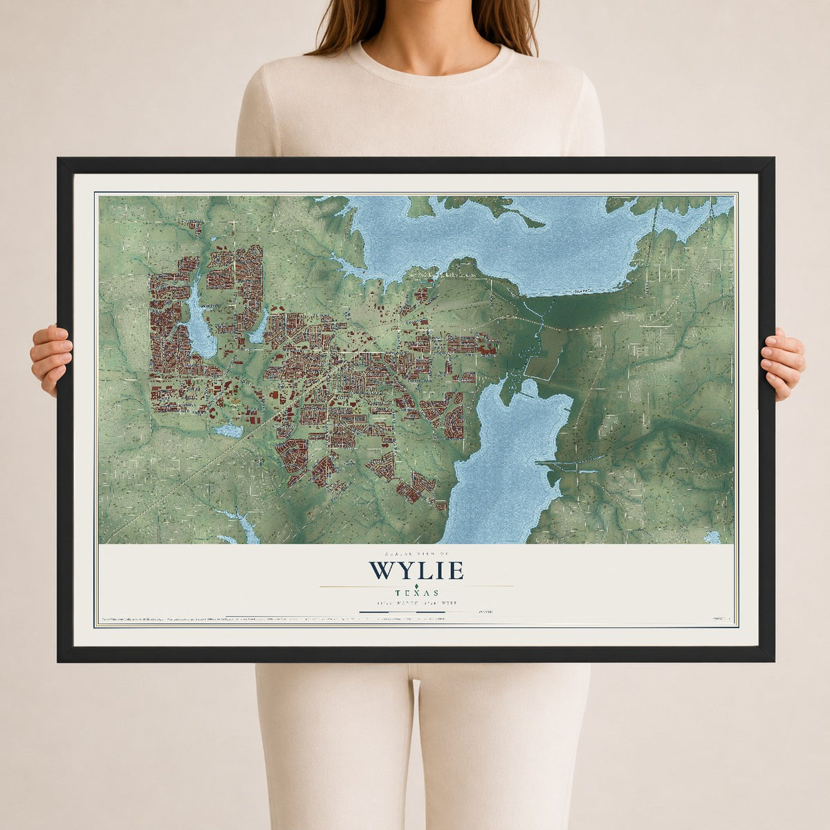 Map of Wylie, Texas, 24 x 36 inch print in a black wood frame