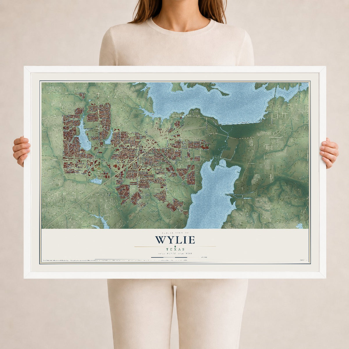 Map of Wylie, Texas, 24 x 36 inch print in a white wood frame