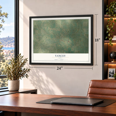 Yancey, Texas map, 18 x 24 inch print in a black frame in a home office