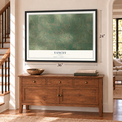 Yancey, Texas map, 24 x 36 inch print in a black frame above a dresser by a staircase