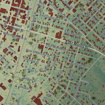 Close-up of the map of Yoakum, Texas print showing street and building detail