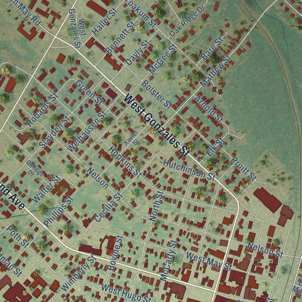 Second close-up of the map of Yoakum, Texas print showing more streets and buildings