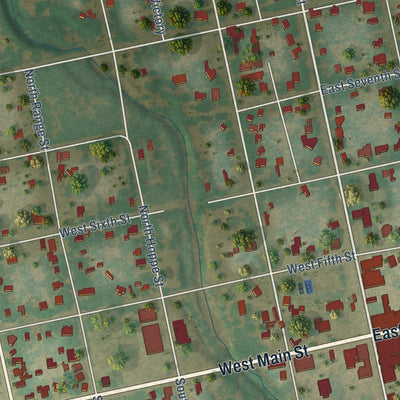 Close-up of the map of Yorktown, Texas print showing street and building detail