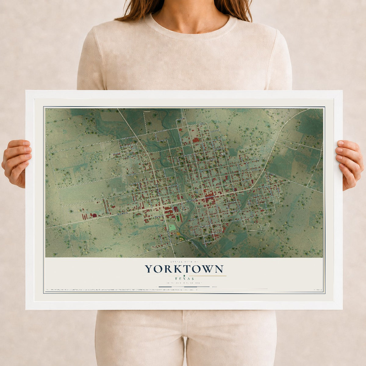 Map of Yorktown, Texas, 12 x 18 inch print in a white wood frame