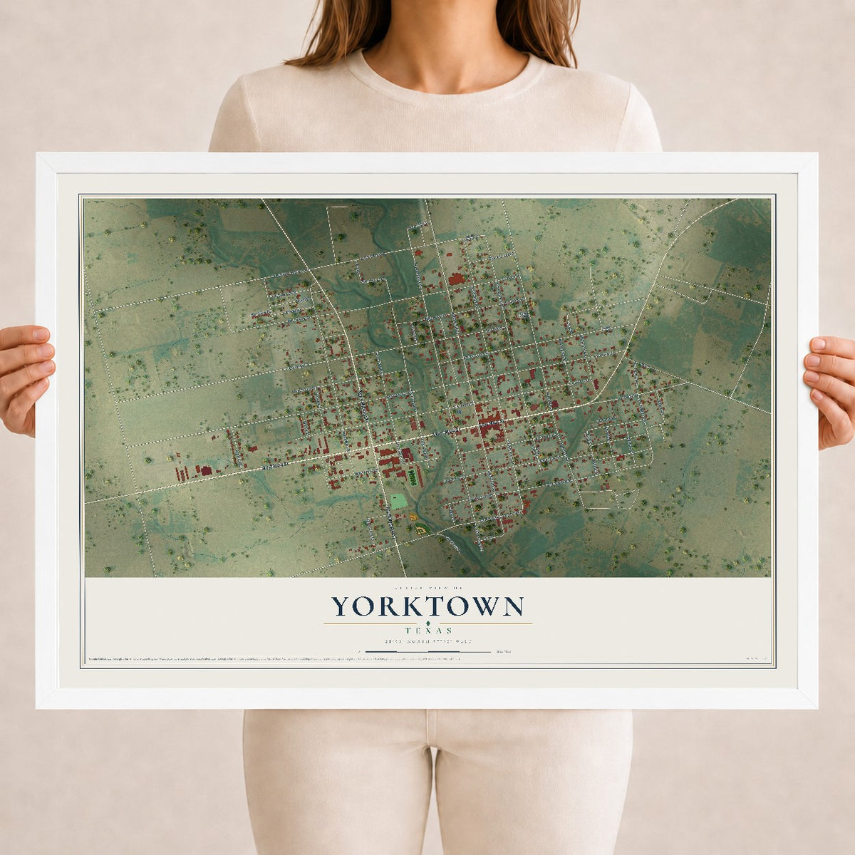 Map of Yorktown, Texas, 18 x 24 inch print in a white wood frame
