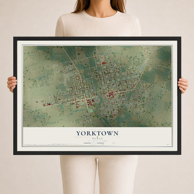 Map of Yorktown, Texas, 24 x 36 inch print in a black wood frame