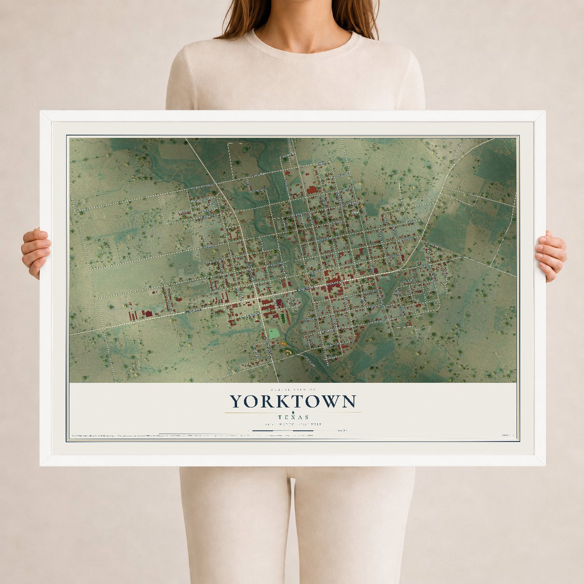Map of Yorktown, Texas, 24 x 36 inch print in a white wood frame