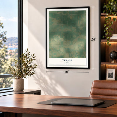 Yznaga, Texas map, 18 x 24 inch print in a black frame in a home office