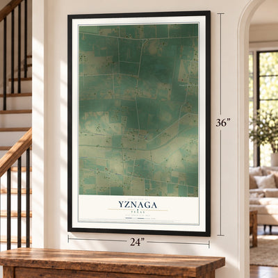 Yznaga, Texas map, 24 x 36 inch print in a black frame by a staircase