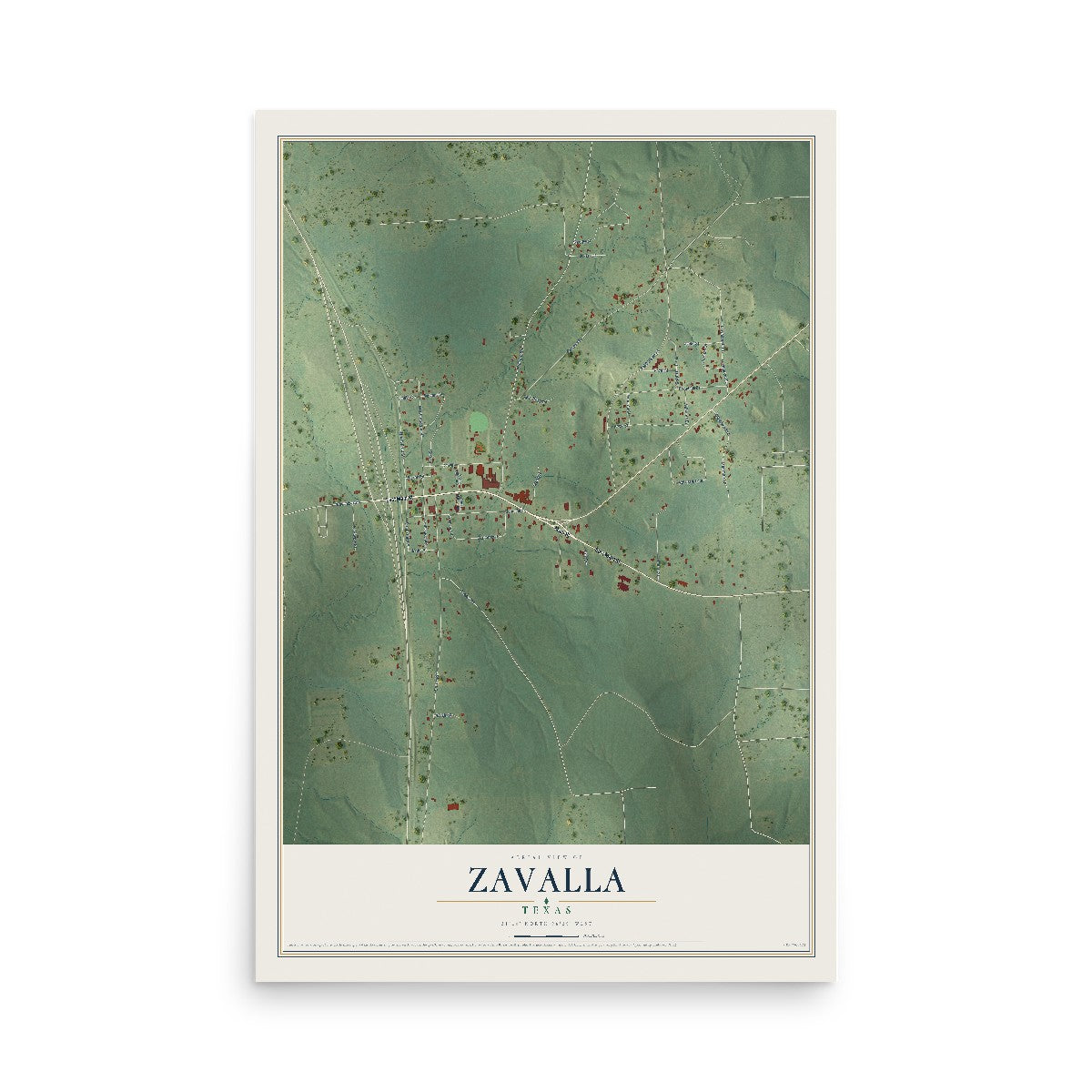 Map of Zavalla, Texas, 12 x 18 inch unframed archival matte print