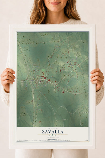 Map of Zavalla, Texas, 18 x 24 inch print in a white wood frame