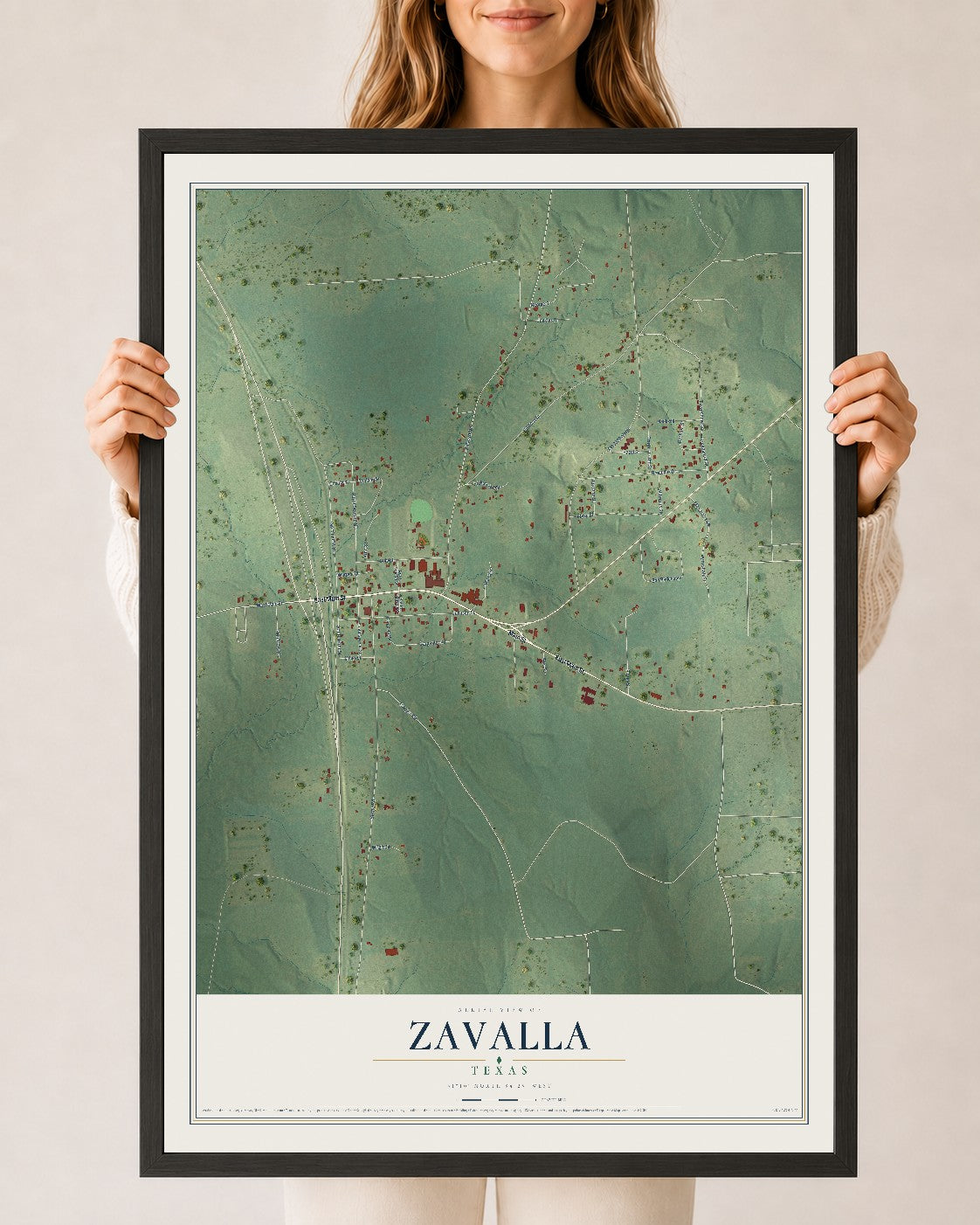 Map of Zavalla, Texas, 24 x 36 inch print in a black wood frame