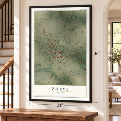Zephyr, Texas map, 24 x 36 inch print in a black frame by a staircase