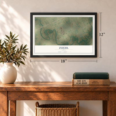 Zuehl, Texas map, 12 x 18 inch print in a black frame in an entryway
