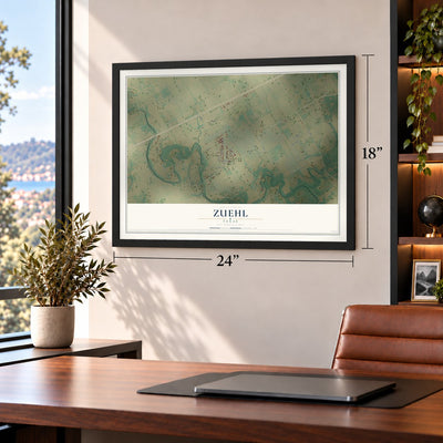 Zuehl, Texas map, 18 x 24 inch print in a black frame in a home office
