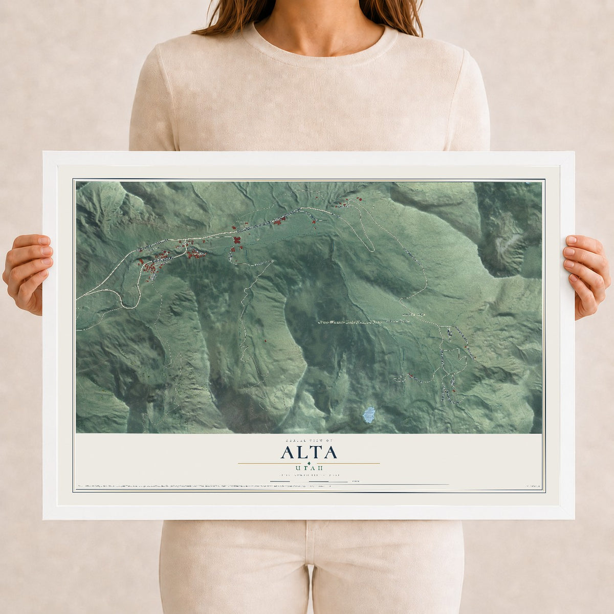 Map of Alta, Utah, 12 x 18 inch print in a white wood frame