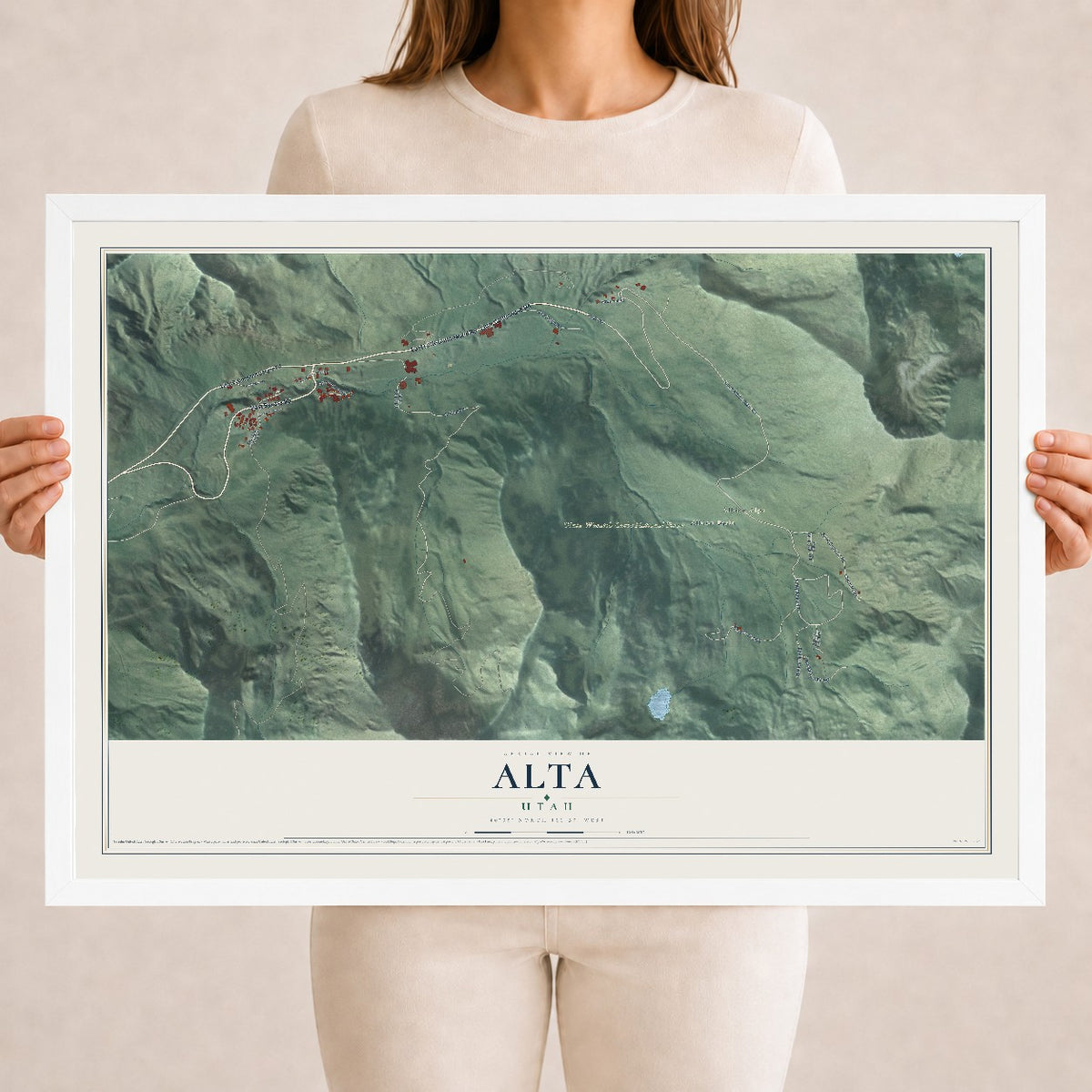Map of Alta, Utah, 18 x 24 inch print in a white wood frame